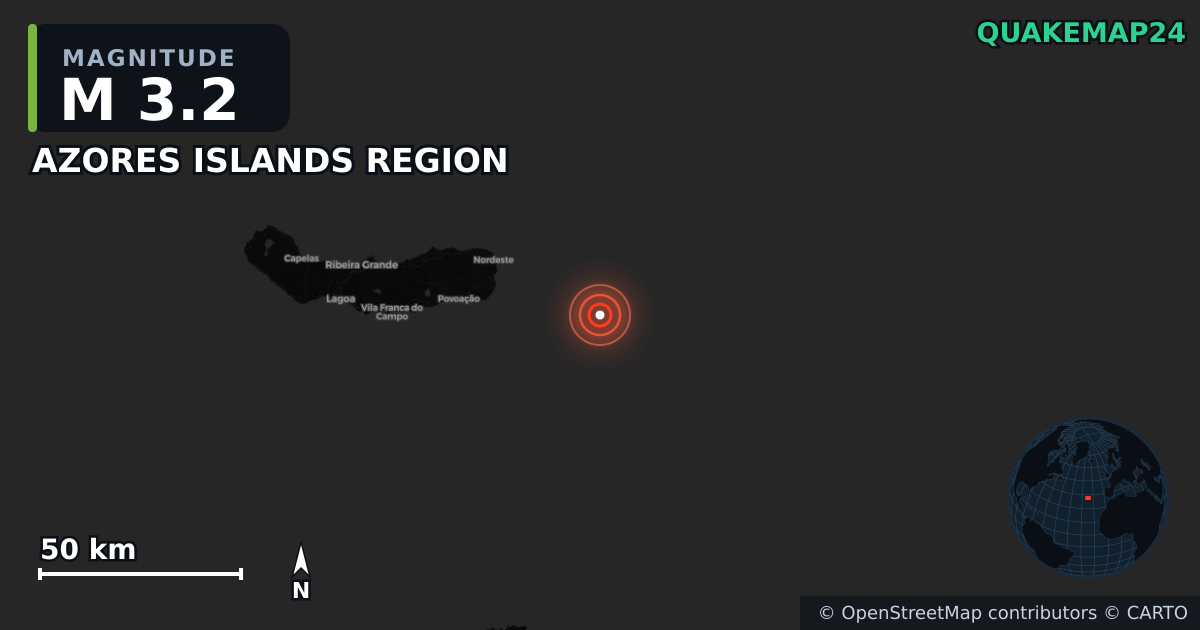 M3.2 earthquake near AZORES ISLANDS REGION on Dec 9, 2025 — map of epicenter and shaking intensity | QuakeMap24