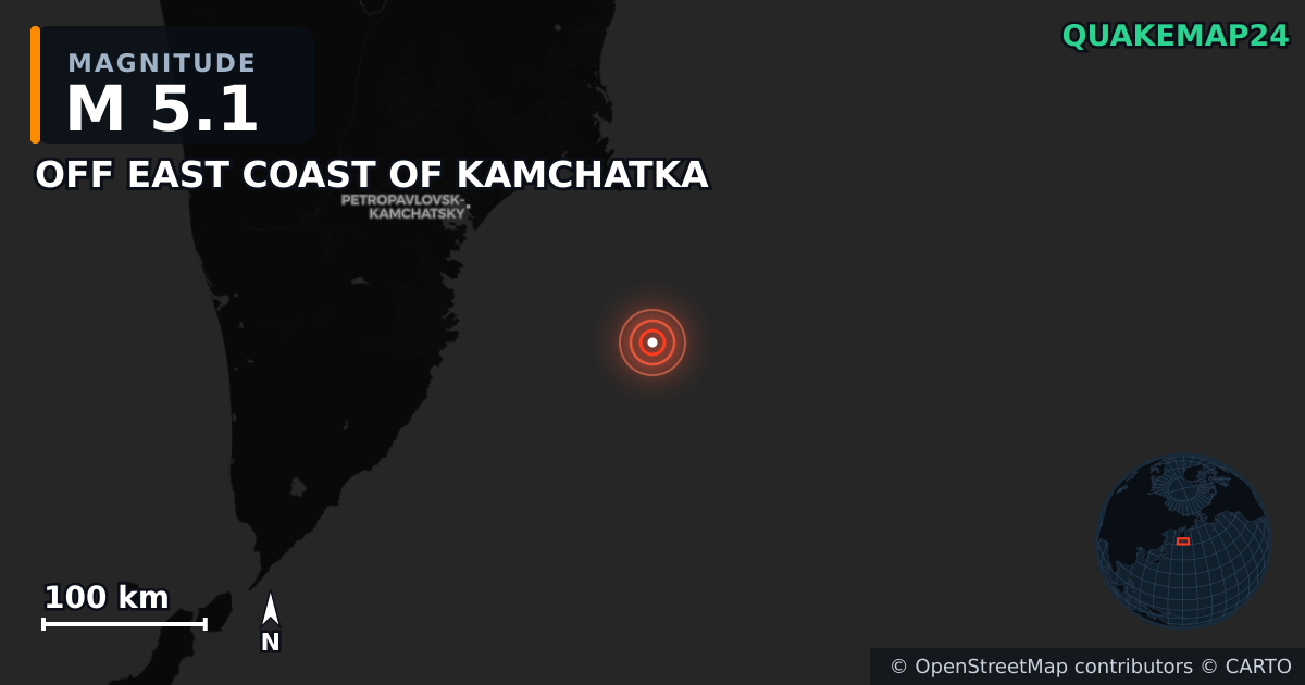 M5.1 earthquake near OFF EAST COAST OF KAMCHATKA on Jul 30, 2025 — map of epicenter and shaking intensity | QuakeMap24