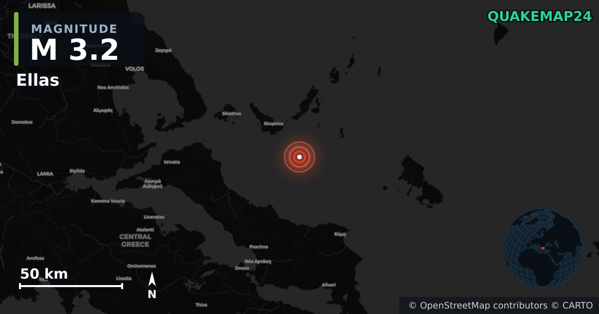 M3.2 earthquake near Ellas on Nov 24, 2025 — map of epicenter and shaking intensity | QuakeMap24