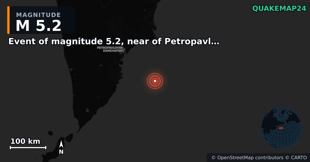 M5.2 earthquake near Event of magnitude 5.2, near of Petropavlovsk Kamchatskiy (Monde) on Oct 6, 2025 — map of epicenter and shaking intensity | QuakeMap24