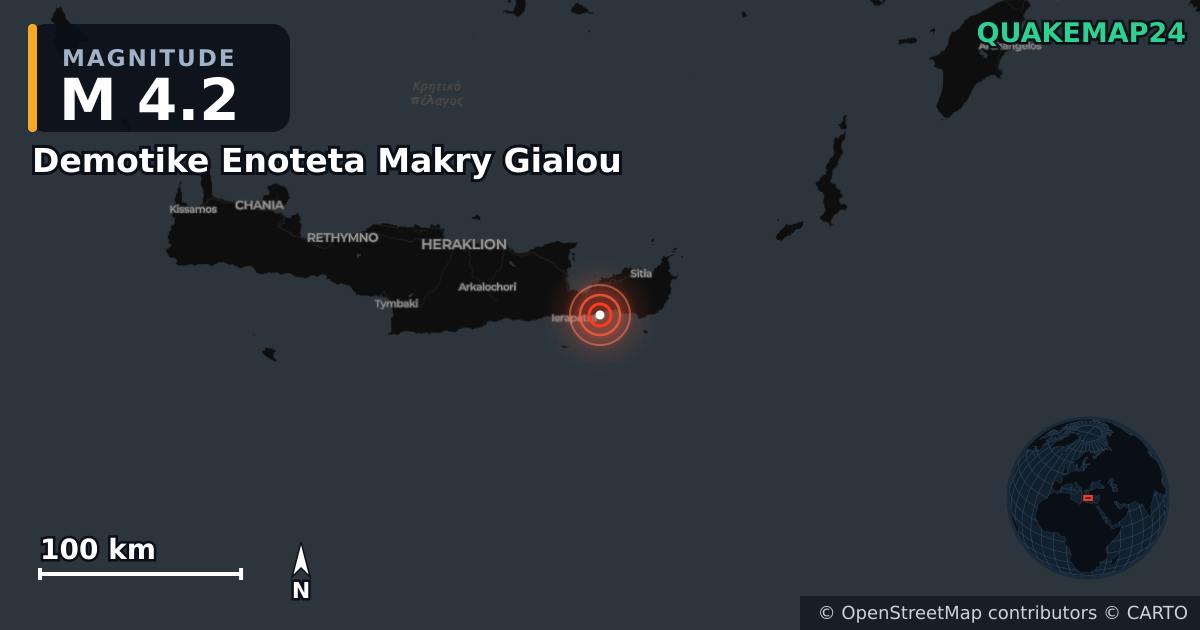 Σεισμός M4,2 κοντά στο Δημοτική Ενότητα Μακρύ Γιαλού, Περιφέρεια Κρήτης (Ελλάδα) · 2026-04-24 — Χάρτης της θέσης του επικέντρου