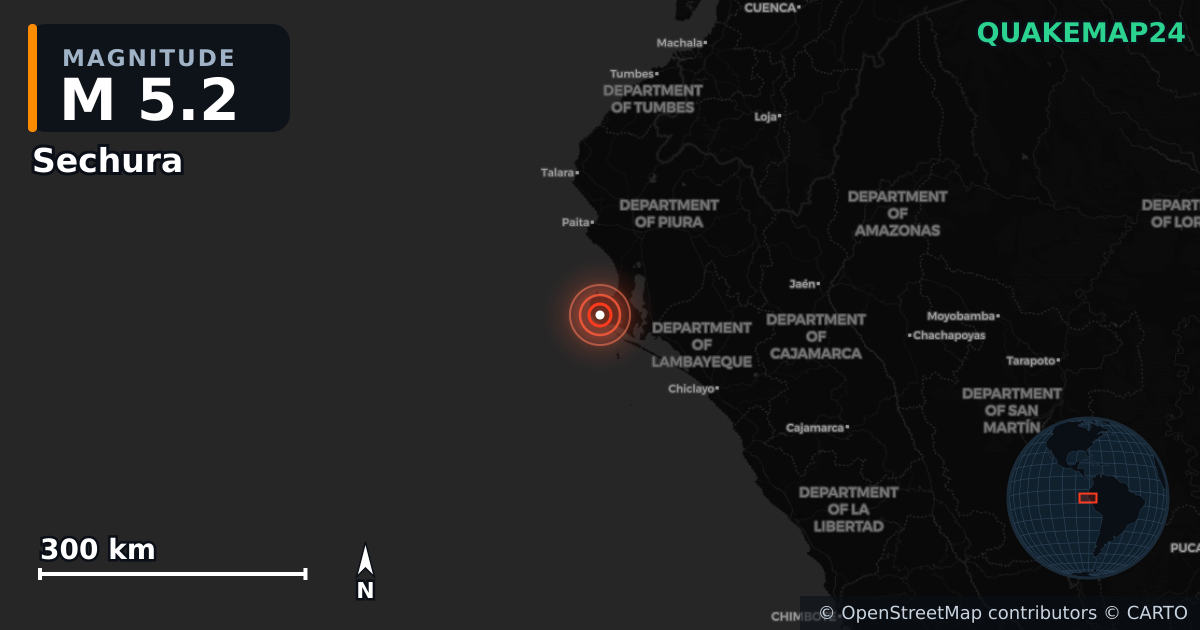 M5.2 earthquake near Sechura on May 14, 2025 — map of epicenter and shaking intensity | QuakeMap24