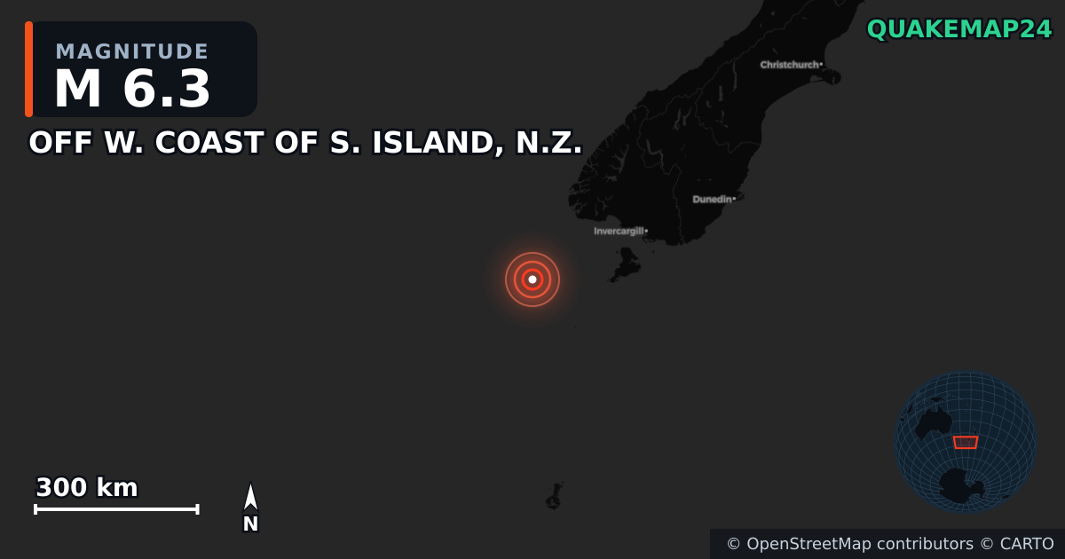 Σεισμός M6,3 κοντά στο OFF W. COAST OF S. ISLAND, N.Z. · 2025-07-07 — Χάρτης της θέσης του επικέντρου