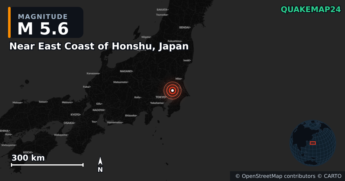 M5.6 earthquake near Near East Coast of Honshu, Japan on Jun 16, 2026 — map of epicenter and shaking intensity | QuakeMap24