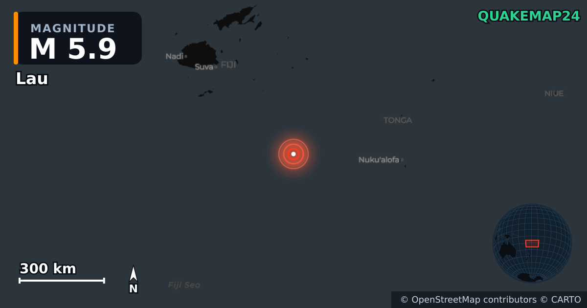 Sismo de M5,9 perto de Lau, Eastern (Fiji) · 2026-10-14 — Mapa da localização do epicentro