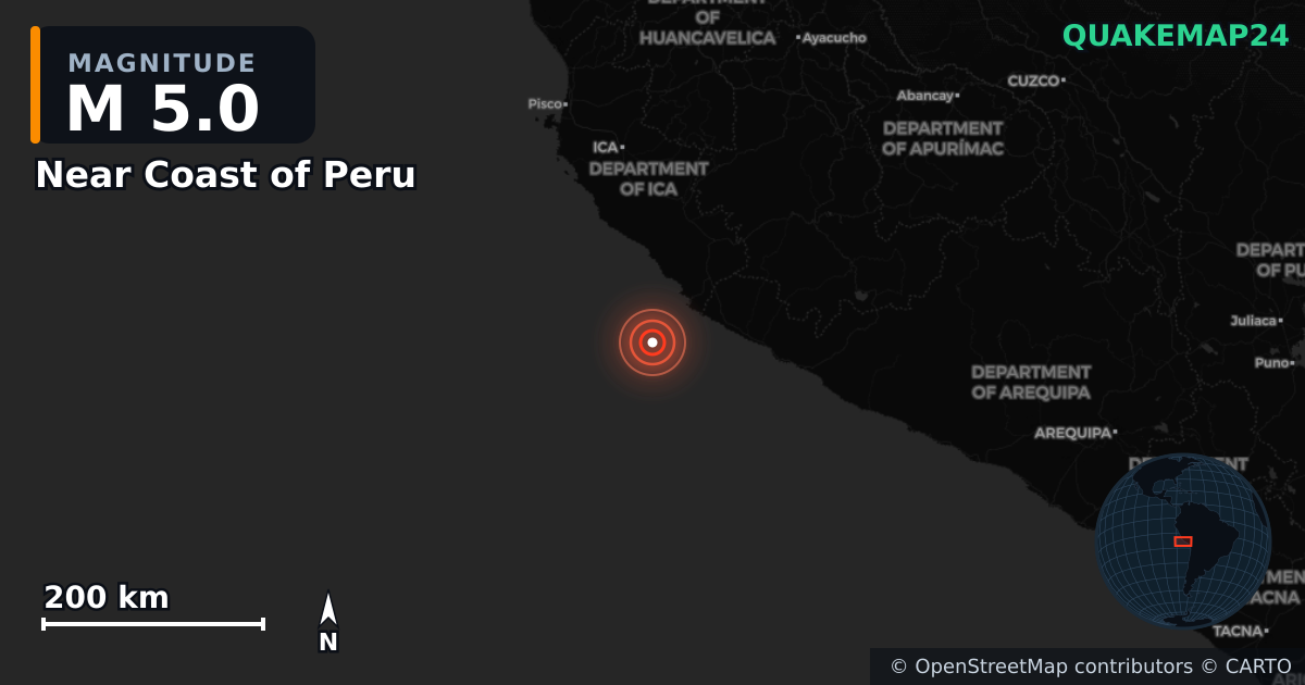 Σεισμός M5,0 κοντά στο Near Coast of Peru — Χάρτης της θέσης του επικέντρου