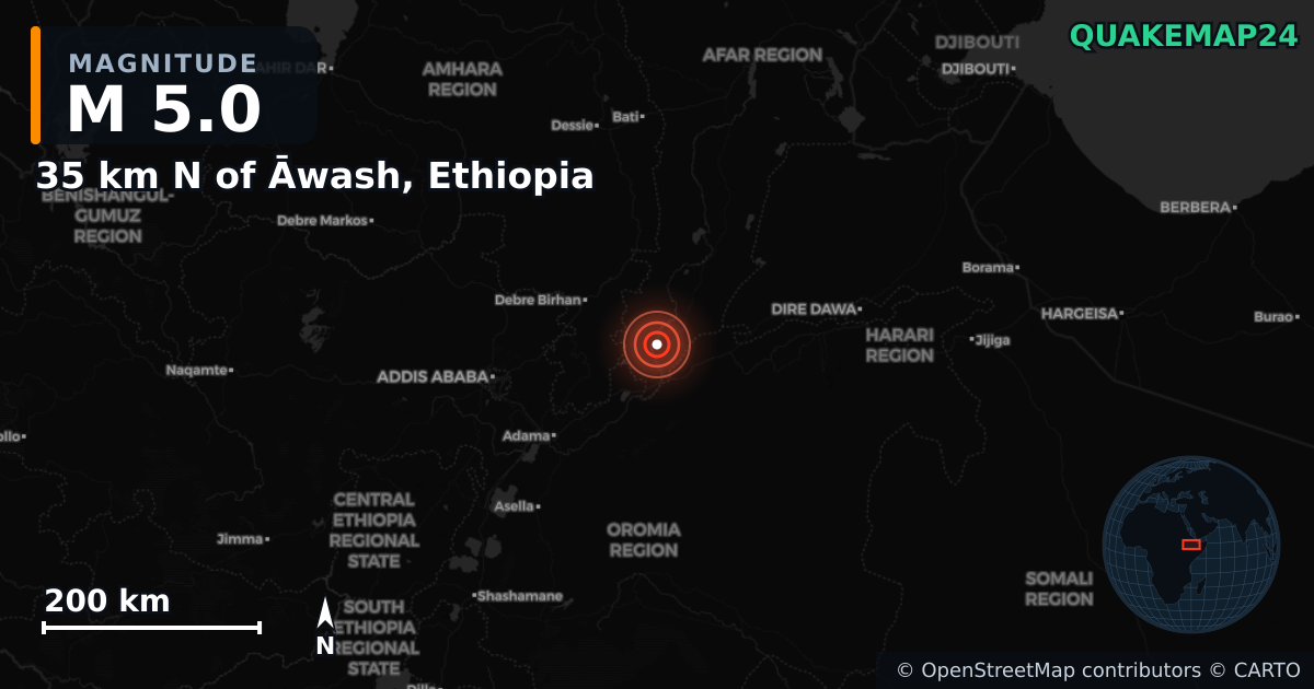 35 km N of Āwash, Ethiopia yakınında M5,0 deprem — Deprem merkez üssünün konumunu gösteren harita