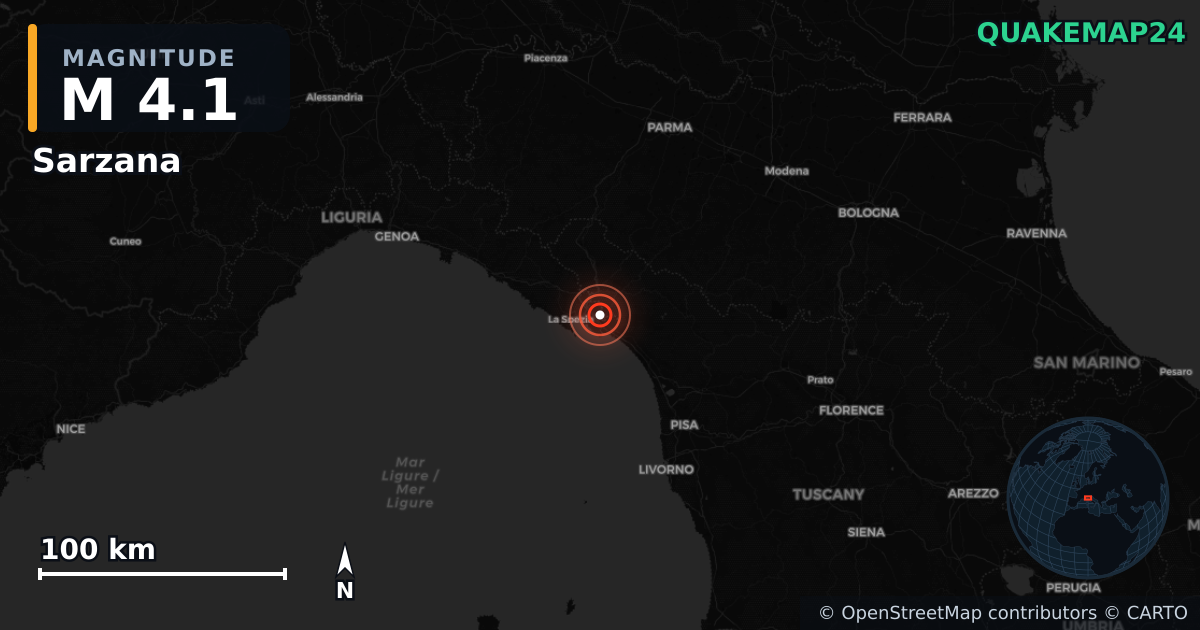M4.1 earthquake near Sarzana on Aug 16, 2026 — map of epicenter and shaking intensity | QuakeMap24