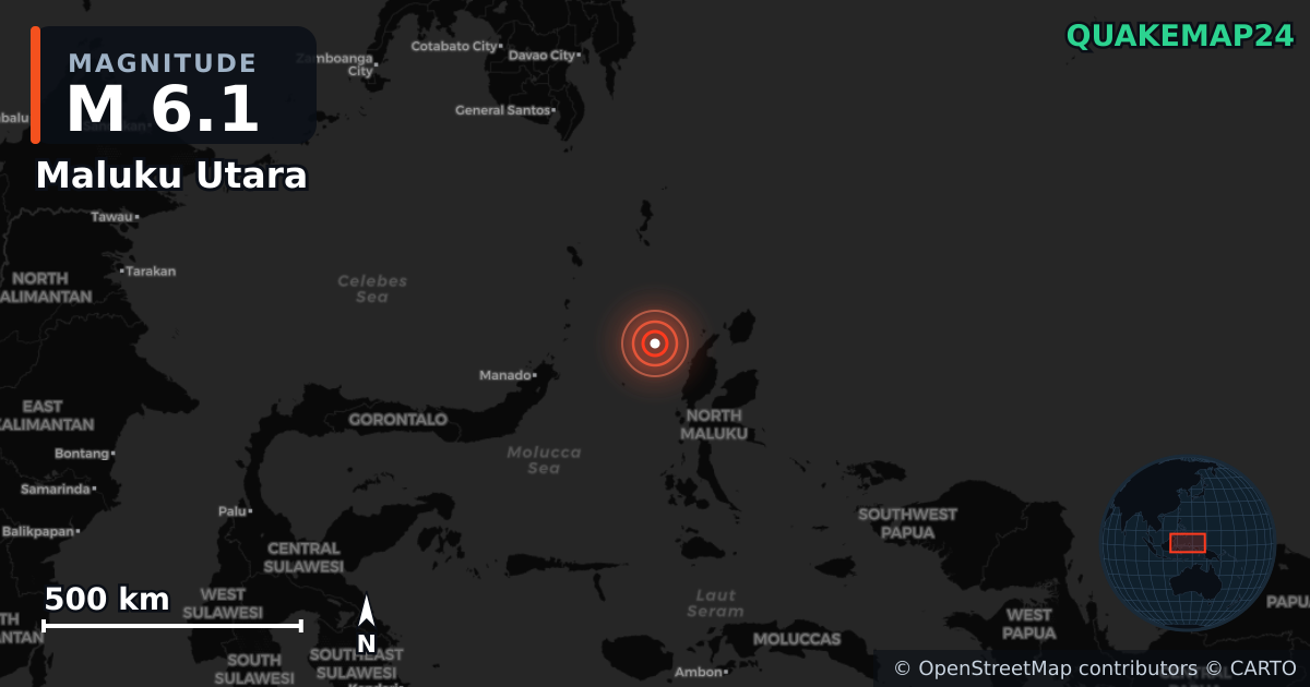 M6.1 earthquake near Maluku Utara on Jul 25, 2025 — map of epicenter and shaking intensity | QuakeMap24