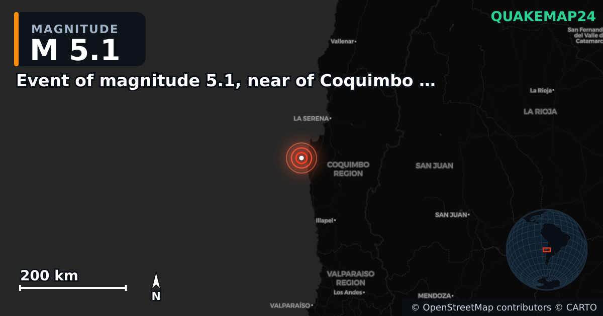 M5.1 earthquake near Event of magnitude 5.1, near of Coquimbo (Monde) on Nov 15, 2025 — map of epicenter and shaking intensity | QuakeMap24