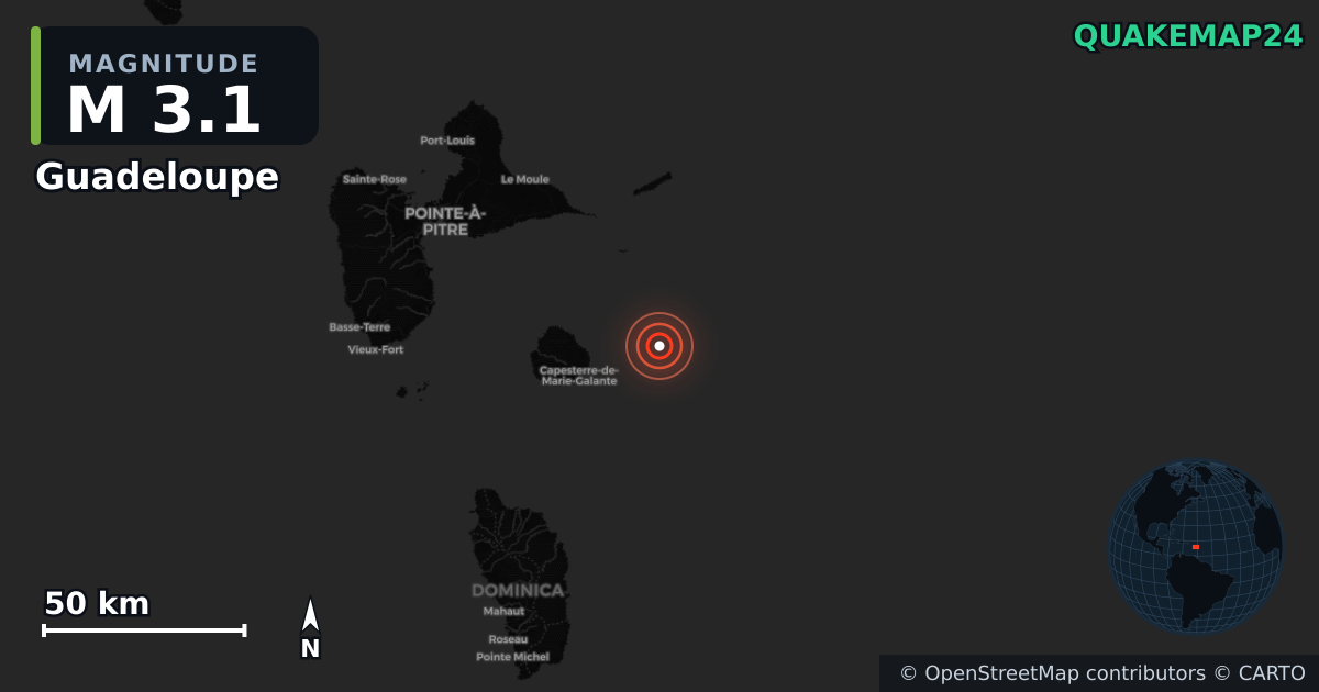 M3.1 earthquake near Guadeloupe on Jun 3, 2026 — map of epicenter and shaking intensity | QuakeMap24