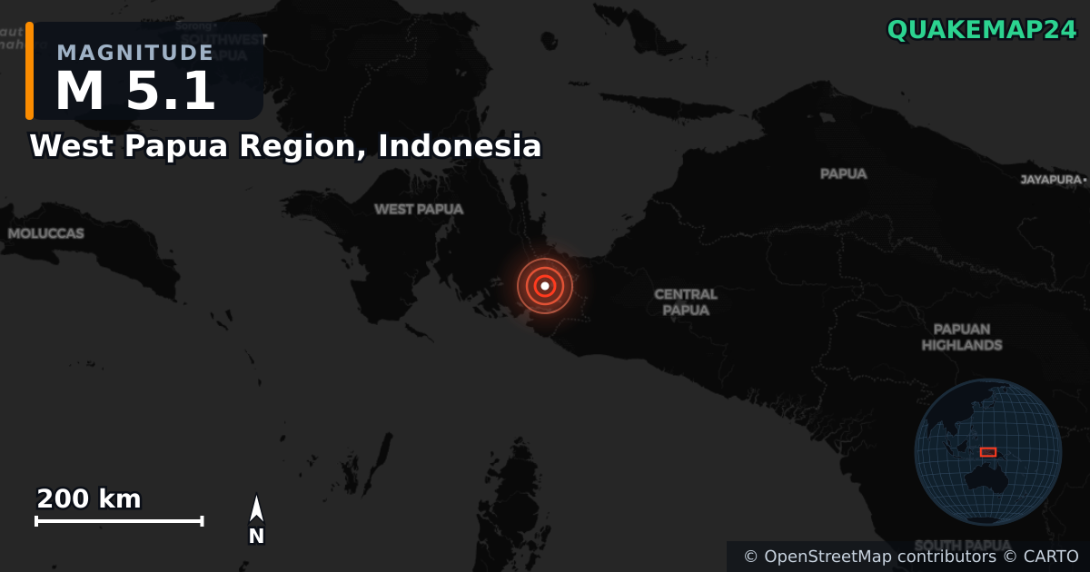 M5.1 earthquake near West Papua Region, Indonesia on Apr 2, 2026 — map of epicenter and shaking intensity | QuakeMap24