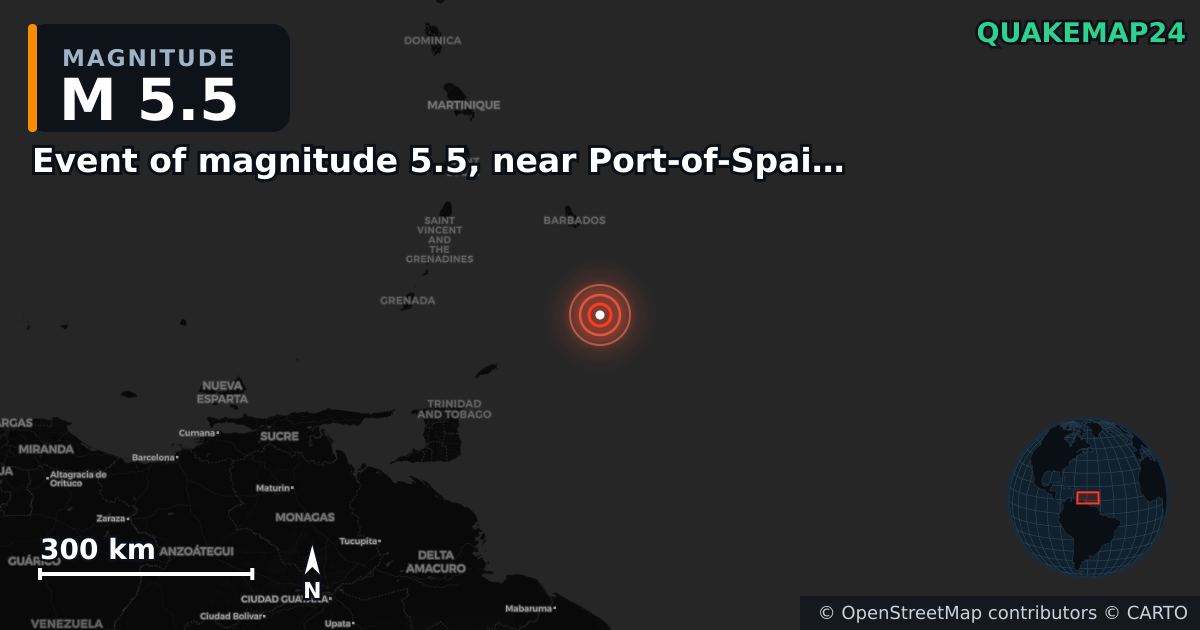 Erdbeben M5,5 bei Event of magnitude 5.5, near Port-of-Spain (Monde) — Karte der Lage des Epizentrums