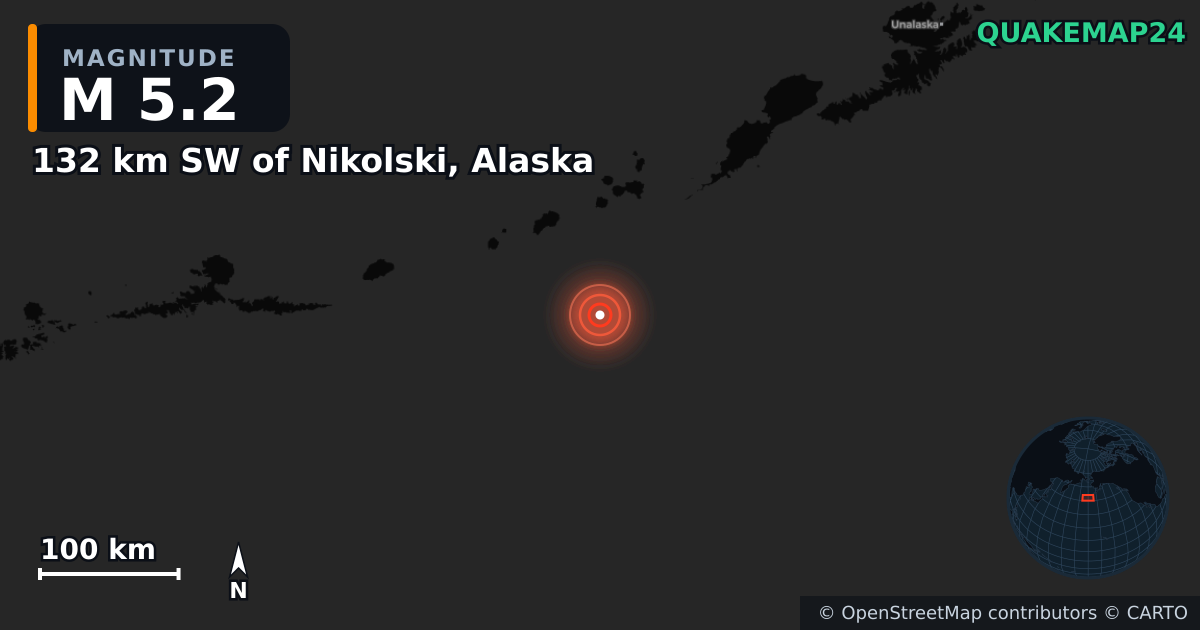 M5.2 earthquake near 132 km SW of Nikolski, Alaska on Aug 14, 2025 — map of epicenter and shaking intensity | QuakeMap24