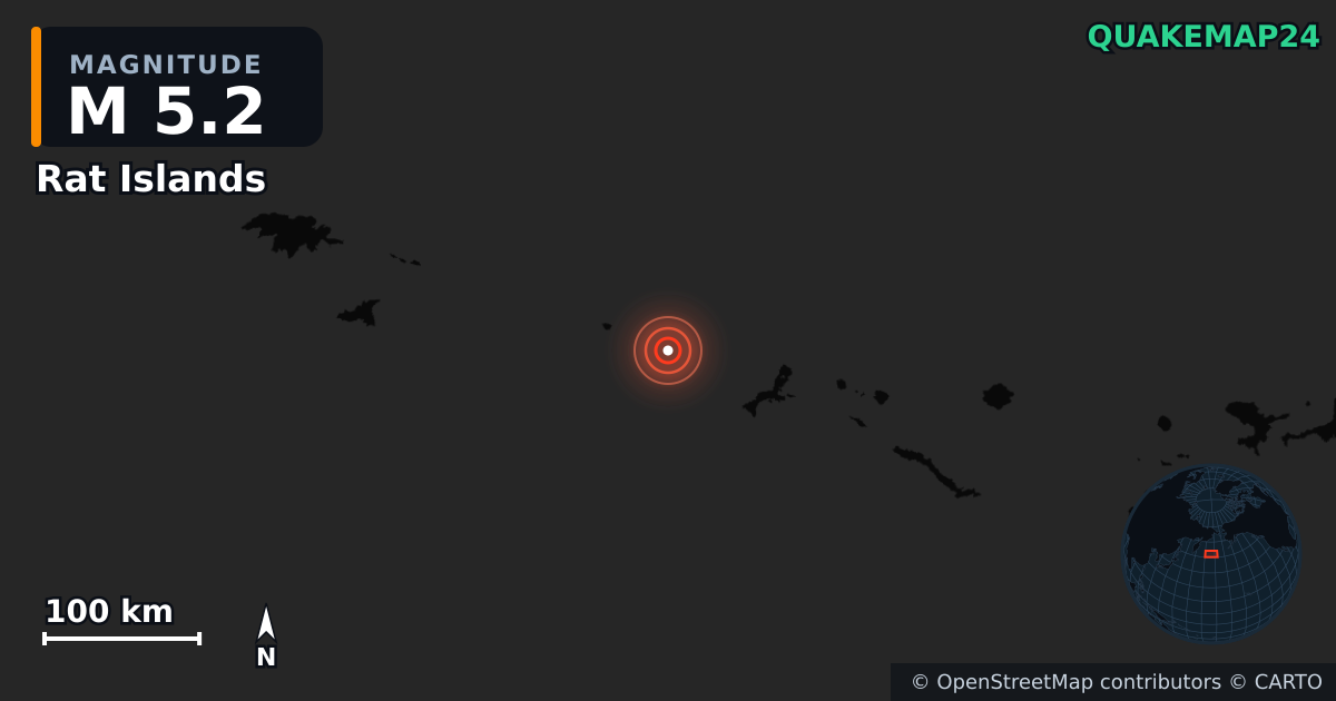 M5.2 earthquake near Rat Islands on Mar 3, 2026 — map of epicenter and shaking intensity | QuakeMap24
