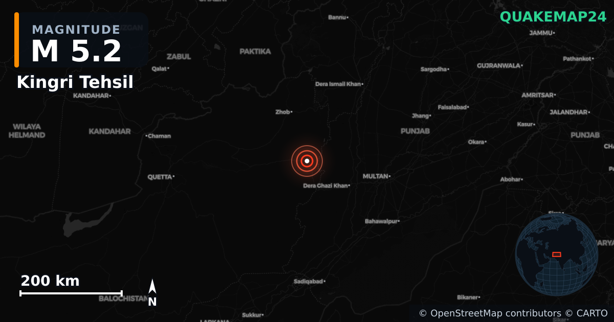 M5.2 earthquake near Kingri Tehsil on Jun 26, 2026 — map of epicenter and shaking intensity | QuakeMap24