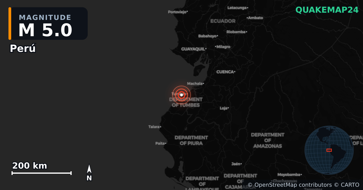 M5.0 earthquake near Perú on May 5, 2026 — map of epicenter and shaking intensity | QuakeMap24