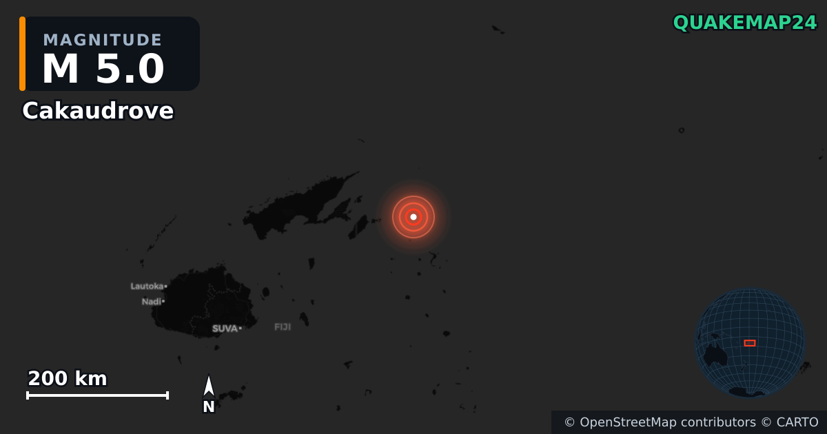 M5.0 earthquake near Cakaudrove on Feb 18, 2026 — map of epicenter and shaking intensity | QuakeMap24