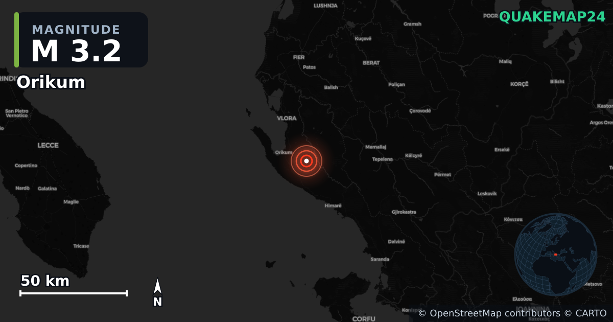 Orikum (Arnavutluk) yakınında M3,2 deprem · 2026-10-05 — Deprem merkez üssünün konumunu gösteren harita