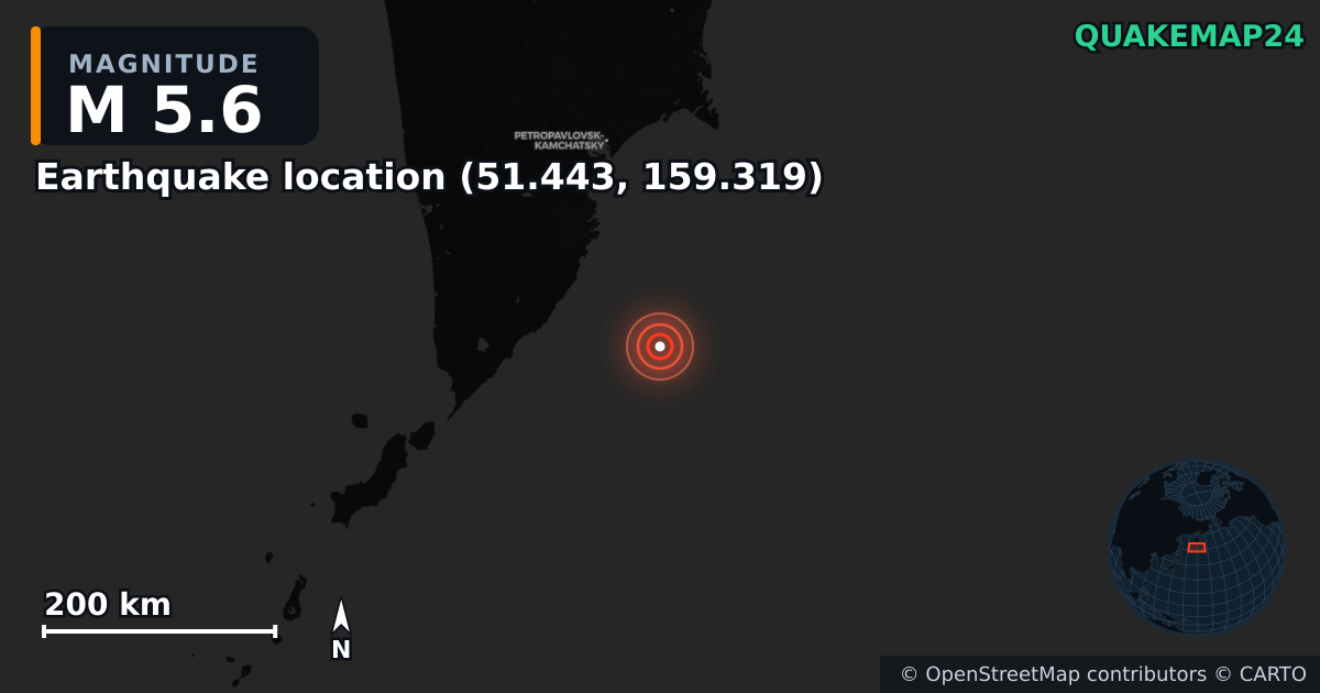 M5.6 earthquake near Deprem konumu (51.443, 159.319) on Sep 20, 2025 — map of epicenter and shaking intensity | QuakeMap24