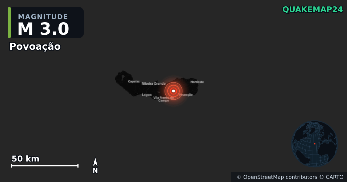 Sismo de M3,0 perto de Povoação (Portugal) · 2026-09-08 — Mapa da localização do epicentro
