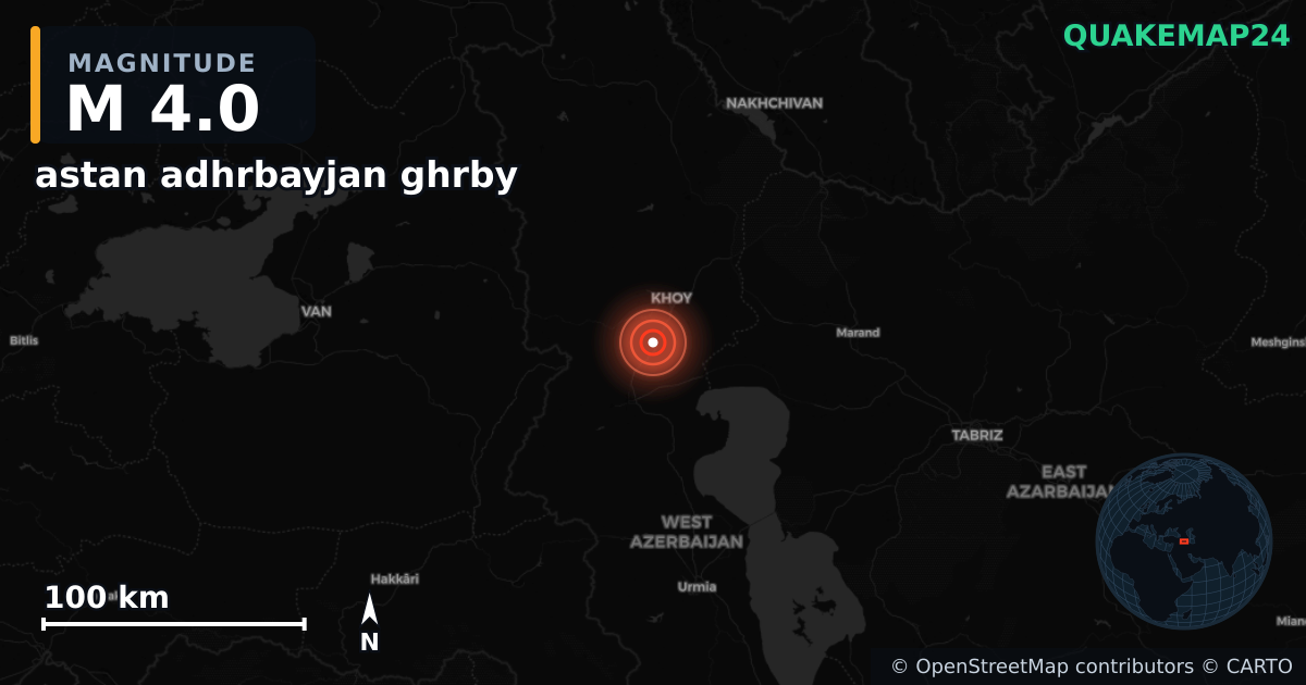 M4.0 earthquake near astan adhrbayjan ghrby on Sep 14, 2025 — map of epicenter and shaking intensity | QuakeMap24