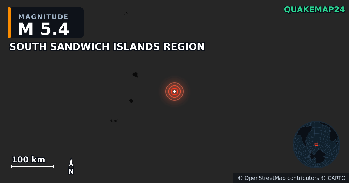 M5.4 earthquake near SOUTH SANDWICH ISLANDS REGION on Sep 19, 2025 — map of epicenter and shaking intensity | QuakeMap24