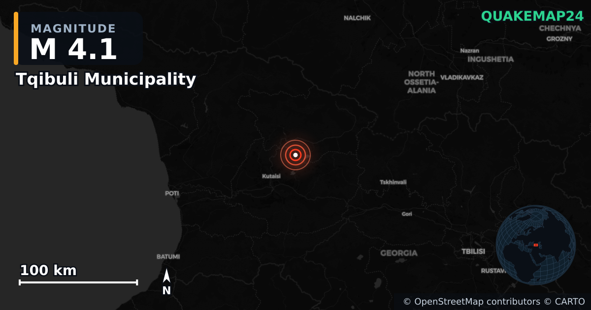 M4.1 earthquake near Tqibuli Municipality on Jun 23, 2026 — map of epicenter and shaking intensity | QuakeMap24
