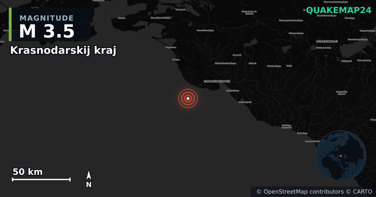 M3.5 earthquake near Krasnodarskij kraj on Feb 27, 2026 — map of epicenter and shaking intensity | QuakeMap24