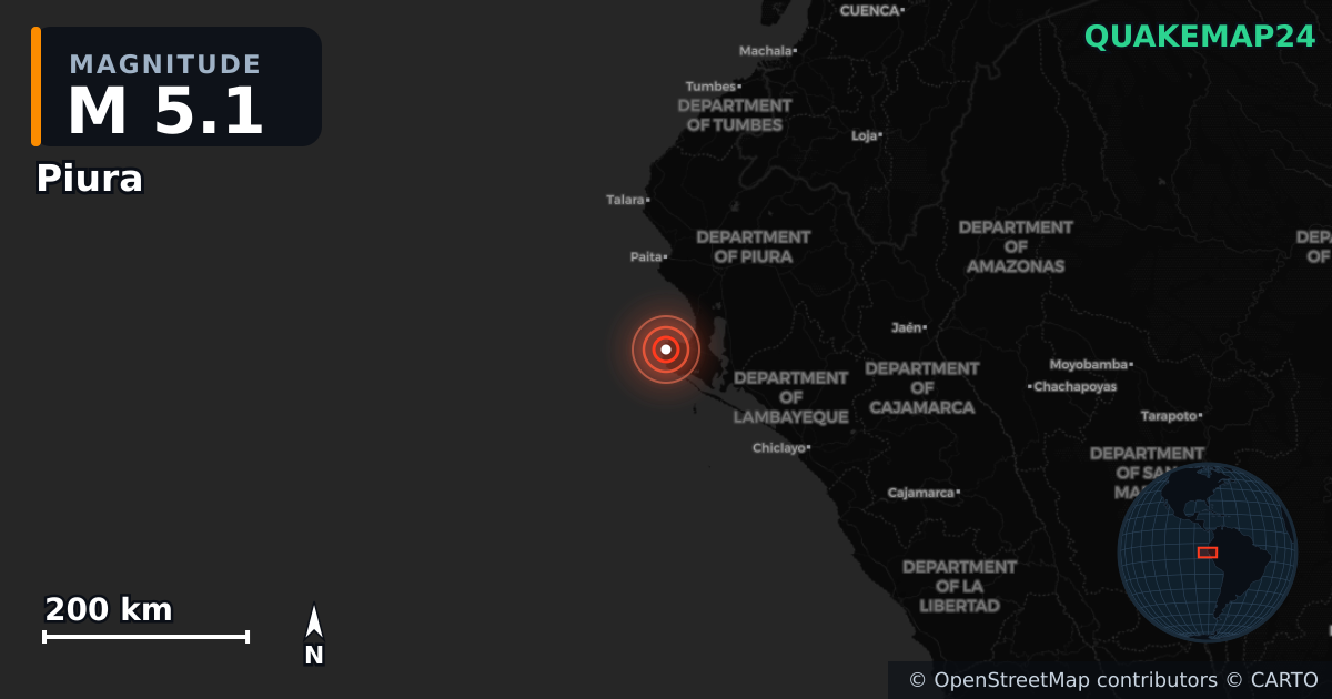 M5.1 earthquake near Piura on May 14, 2025 — map of epicenter and shaking intensity | QuakeMap24