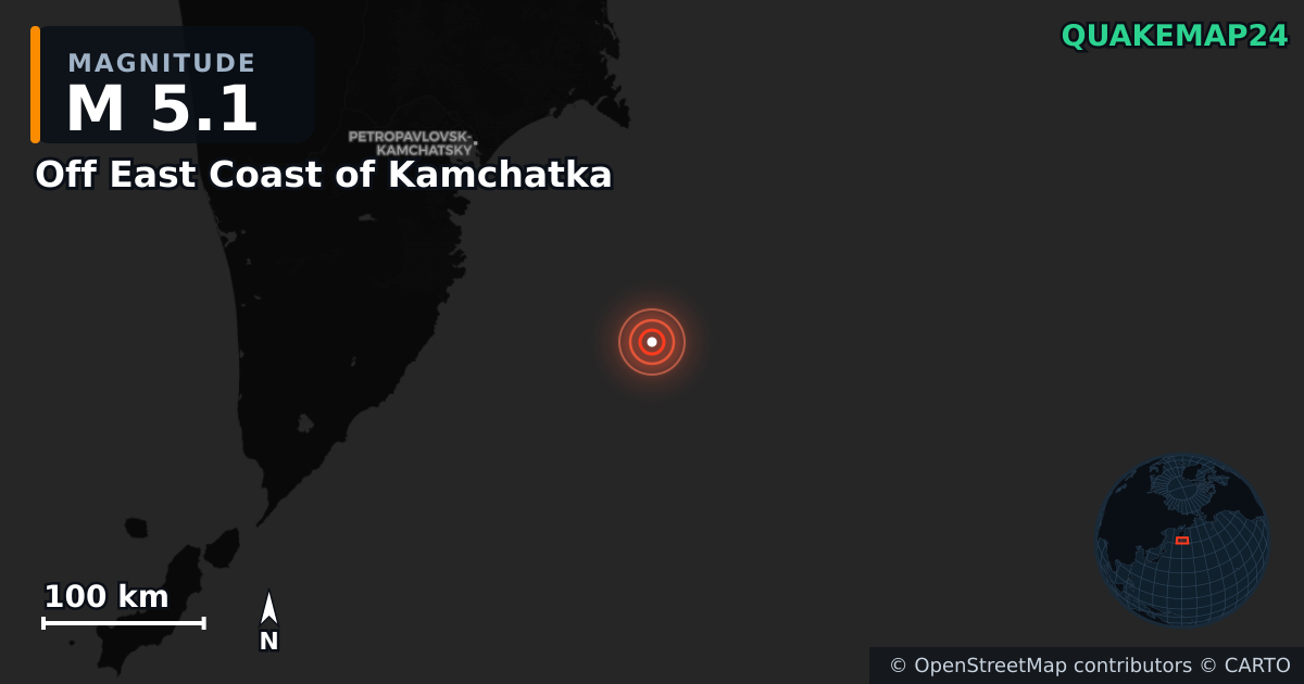 Off East Coast of Kamchatka yakınında M5,1 deprem — Deprem merkez üssünün konumunu gösteren harita