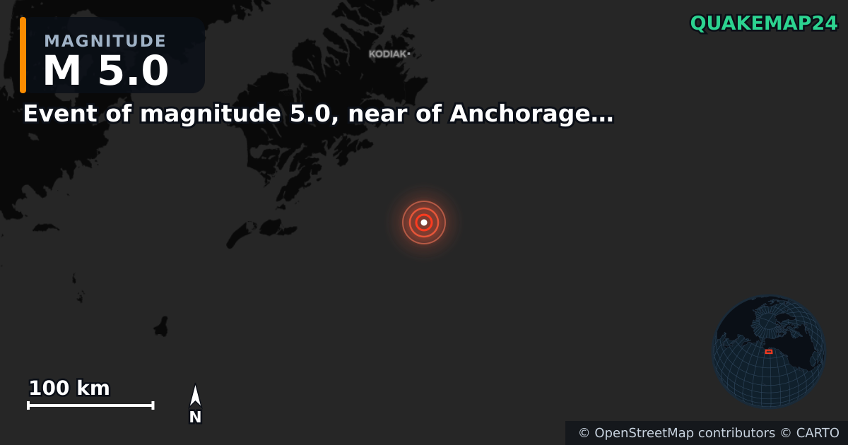 M5.0 earthquake near Event of magnitude 5.0, near of Anchorage (Monde) on Sep 1, 2025 — map of epicenter and shaking intensity | QuakeMap24