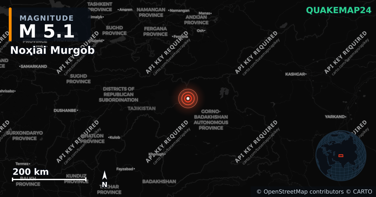 M5.1 earthquake near Noҳiai Murgob on Jun 3, 2026 — map of epicenter and shaking intensity | QuakeMap24