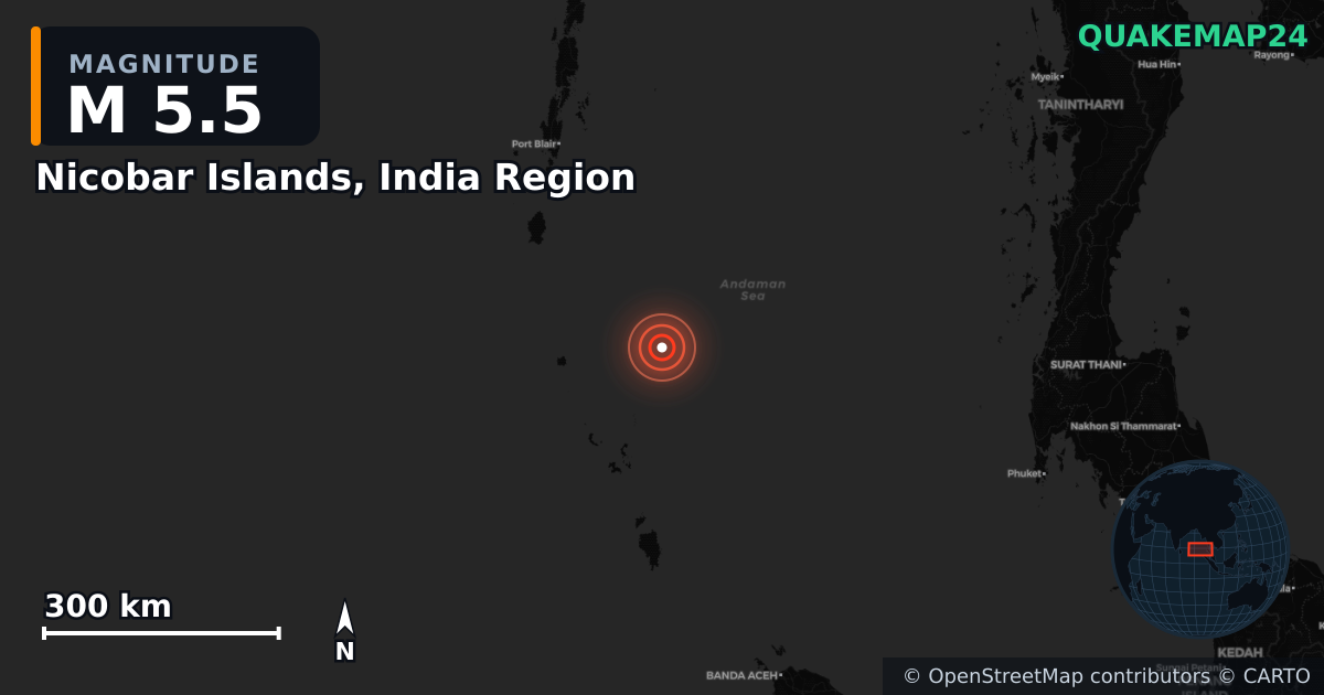 Nicobar Islands, India Region yakınında M5,5 deprem · 2025-07-13 — Deprem merkez üssünün konumunu gösteren harita
