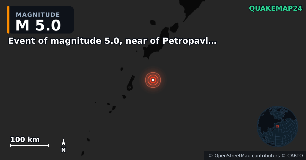 M5.0 earthquake near Event of magnitude 5.0, near of Petropavlovsk Kamchatskiy (Monde) on Aug 19, 2025 — map of epicenter and shaking intensity | QuakeMap24