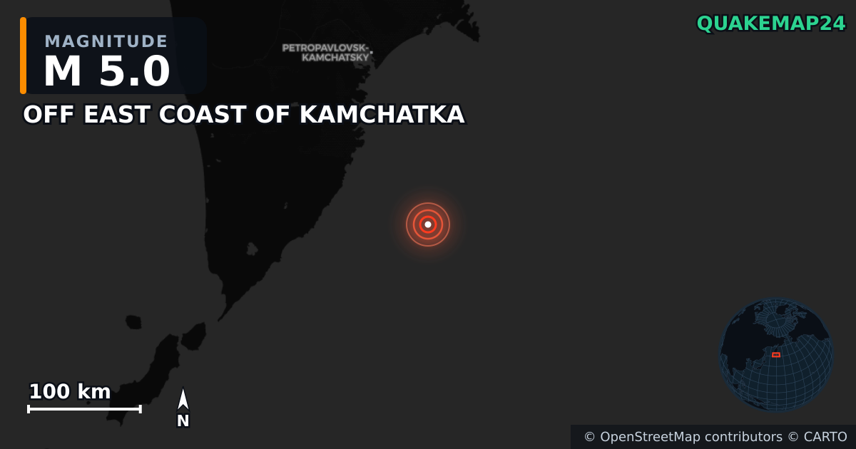 M5.0 earthquake near OFF EAST COAST OF KAMCHATKA on Sep 16, 2025 — map of epicenter and shaking intensity | QuakeMap24