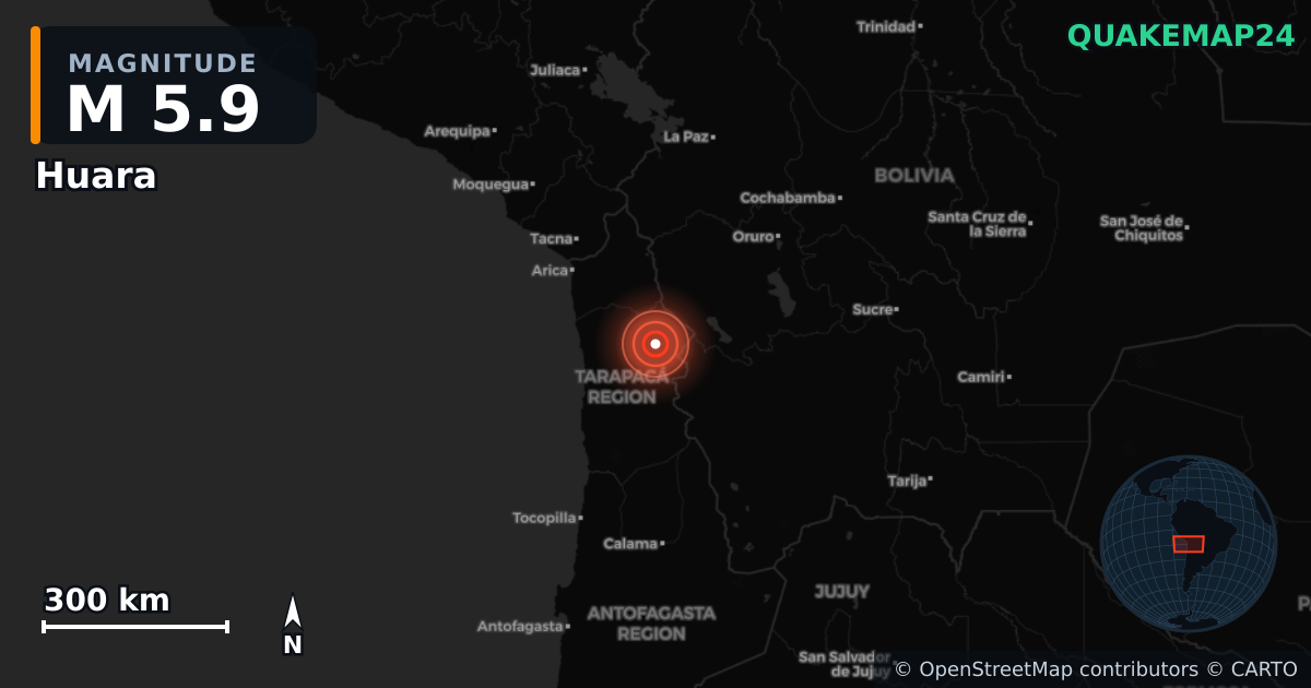 M5.9 earthquake near Huara on May 26, 2025 — map of epicenter and shaking intensity | QuakeMap24
