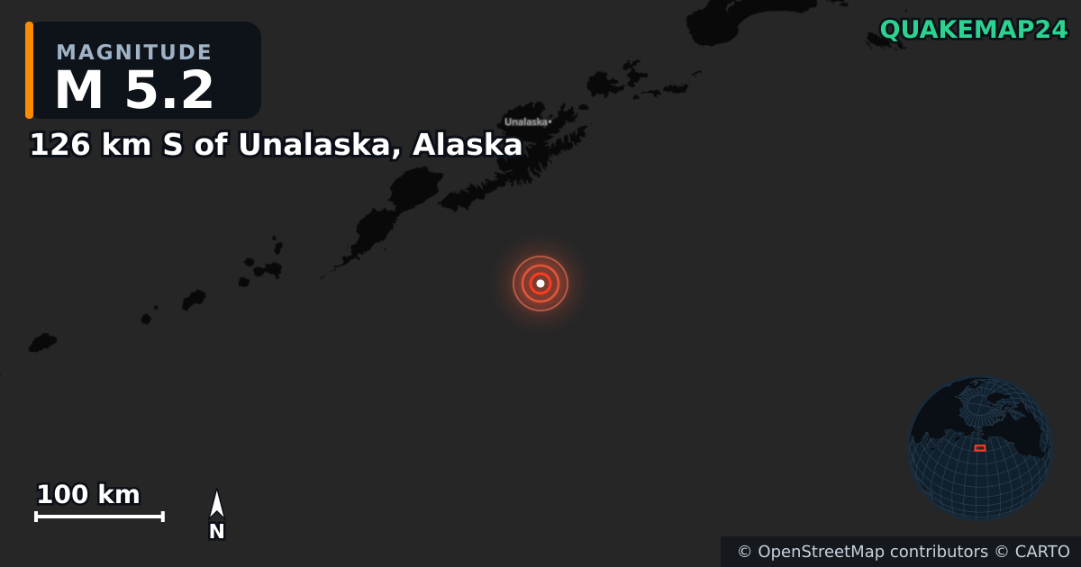 M5.2 earthquake near 126 km S of Unalaska, Alaska on Jan 21, 2025 — map of epicenter and shaking intensity | QuakeMap24