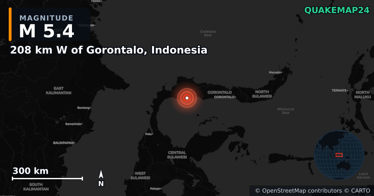 M5.4 earthquake near 208 km W of Gorontalo, Indonesia on Jan 28, 2025 — map of epicenter and shaking intensity | QuakeMap24