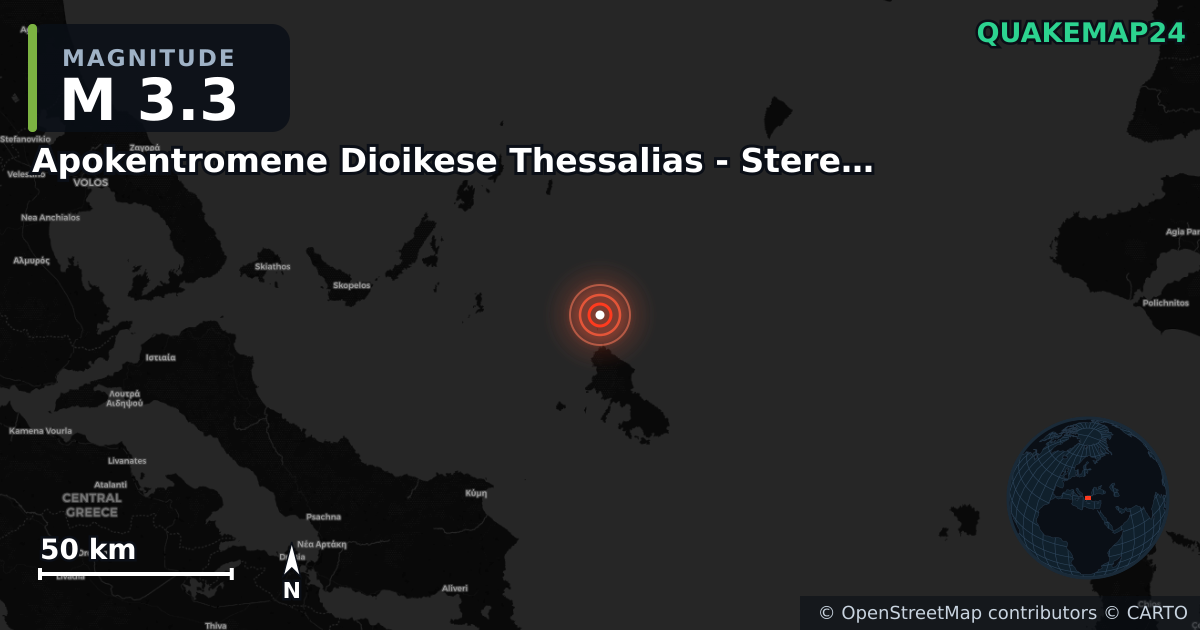 M3.3 earthquake near Apokentromene Dioikese Thessalias - Stereas Ellados on Nov 25, 2025 — map of epicenter and shaking intensity | QuakeMap24