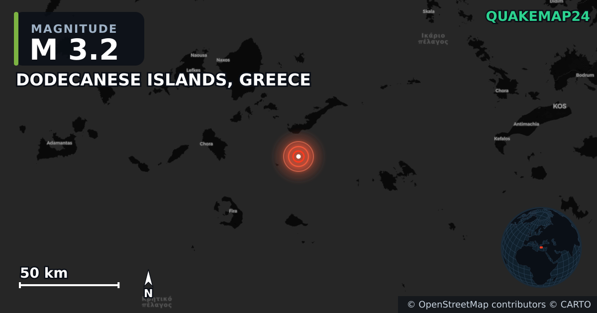 M3.2 earthquake near DODECANESE ISLANDS, GREECE on Jun 3, 2025 — map of epicenter and shaking intensity | QuakeMap24