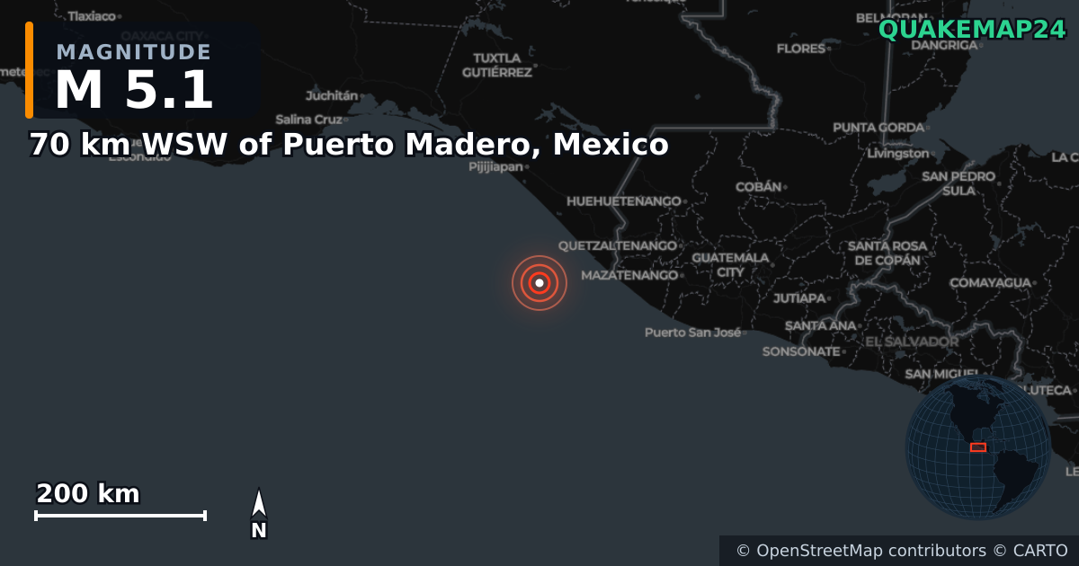 Σεισμός M5,1 κοντά στο 70 km WSW of Puerto Madero, Mexico · 2026-07-17 — Χάρτης της θέσης του επικέντρου