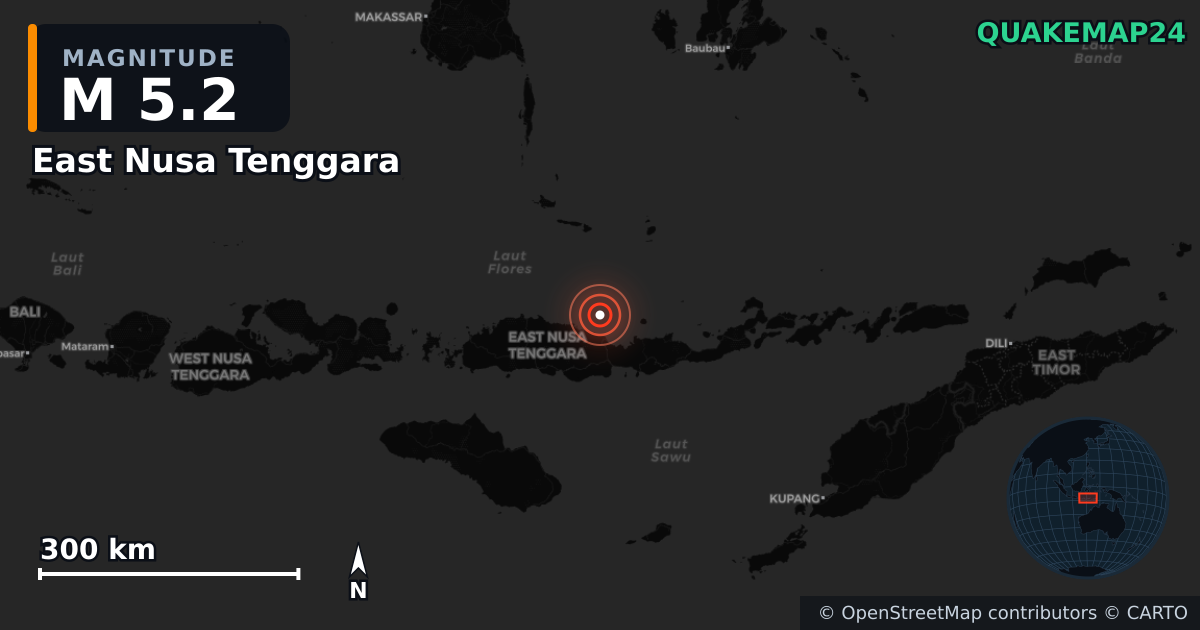 M5.2 earthquake near East Nusa Tenggara on Aug 15, 2026 — map of epicenter and shaking intensity | QuakeMap24