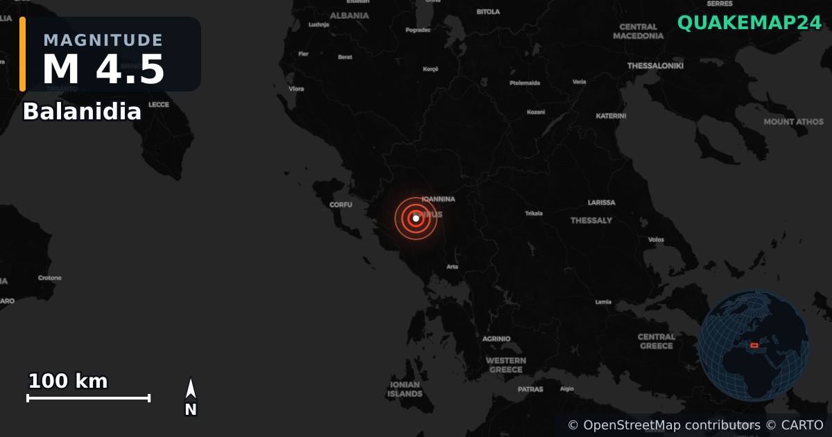 M4.5 earthquake near Balanidia on Apr 3, 2026 — map of epicenter and shaking intensity | QuakeMap24