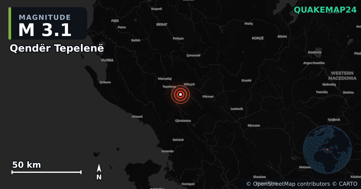 M3.1 earthquake near Qendër Tepelenë on Jan 11, 2026 — map of epicenter and shaking intensity | QuakeMap24