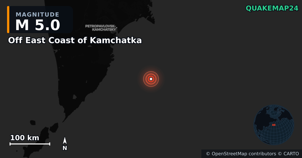 M5.0 earthquake near Off East Coast of Kamchatka on Oct 4, 2025 — map of epicenter and shaking intensity | QuakeMap24