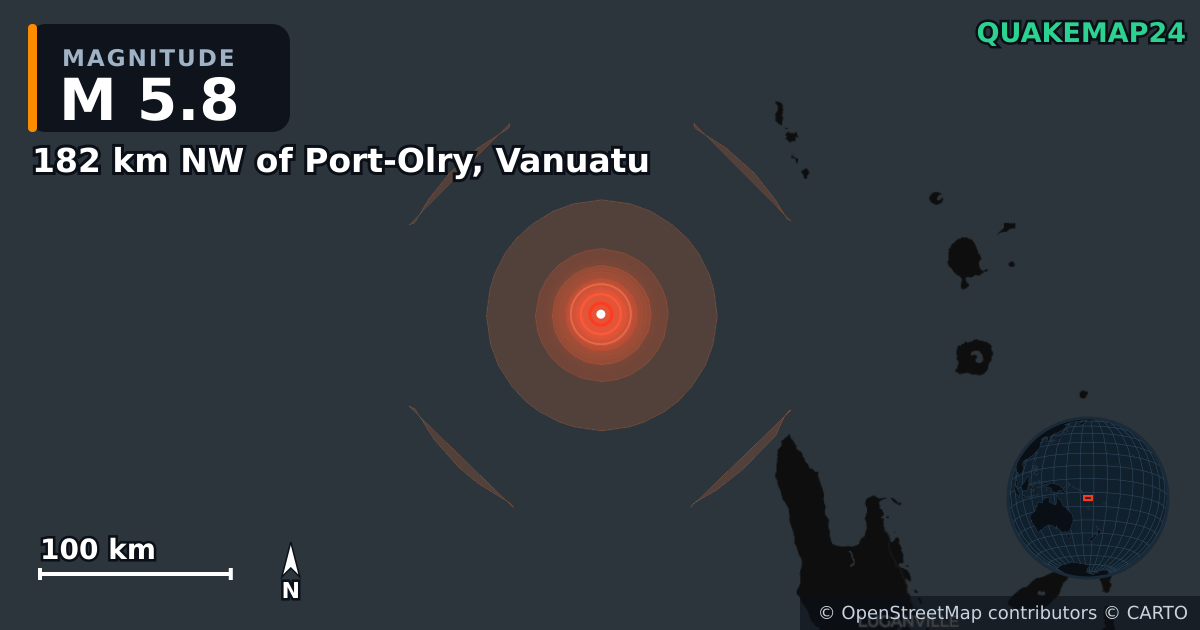 Erdbeben M5,8 bei 182 km NW of Port-Olry, Vanuatu · 2026-10-24 — Karte der Lage des Epizentrums