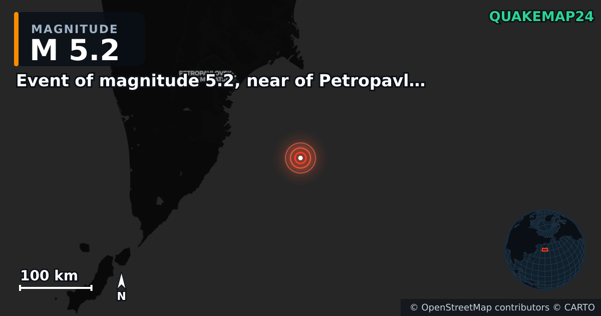 M5.2 earthquake near Event of magnitude 5.2, near of Petropavlovsk Kamchatskiy (Monde) on Sep 3, 2025 — map of epicenter and shaking intensity | QuakeMap24