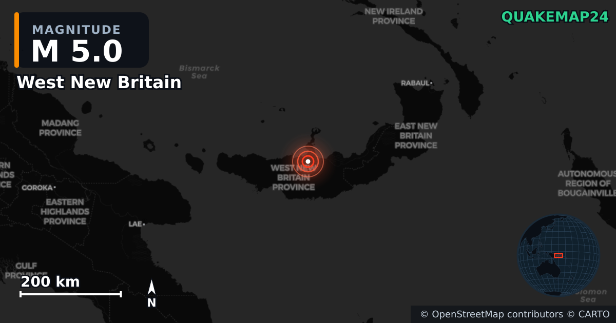 M5.0 earthquake near West New Britain on Jun 5, 2025 — map of epicenter and shaking intensity | QuakeMap24