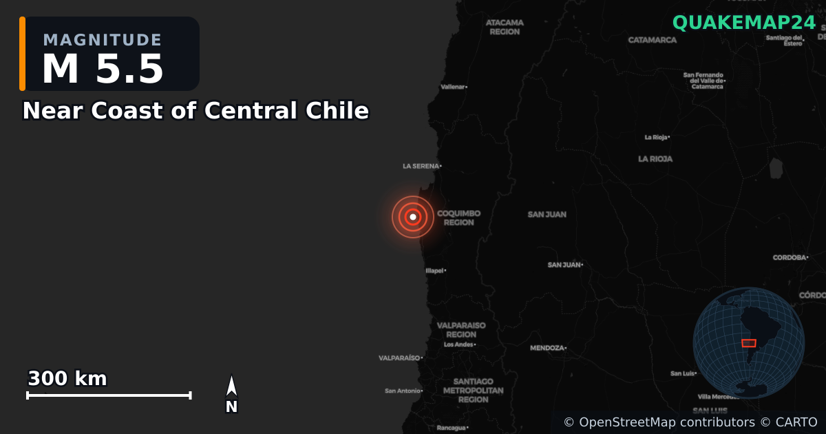 M5.5 earthquake near Near Coast of Central Chile on Oct 2, 2025 — map of epicenter and shaking intensity | QuakeMap24